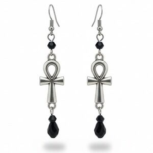 Egyptian Ankh Symbol Dangle‎ Earrings Black Crystal Silver Tone Hook